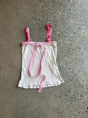 DEESH Women’s 3 Top White Pink Ribbed Cami Pink Ribbon Tie Straps Y2K Early 2000